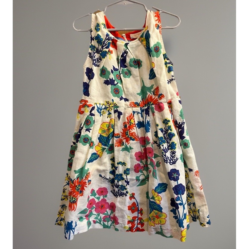 Mini Boden Floral Dress Kids 5-6Y Cream Linen Blend Pleated Sleeveless Summer